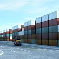 Colorful Container Scenery With Yellow Forklift Under Blue Sky Along Gray Road