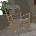 Natural Wooden Rocker Leisure Chair With Gray Cushion And Woven Backrest In Cozy Room