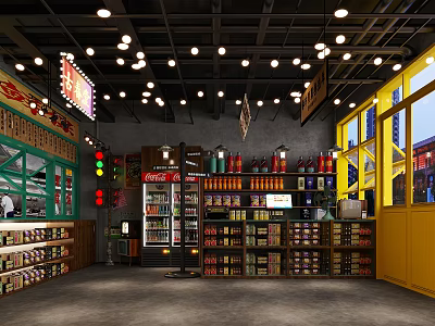 Retro Hotpot Restaurant Interior With Beverage Shelves And Neon Lights 3d model