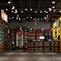 Retro Hotpot Restaurant Interior With Beverage Shelves And Neon Lights