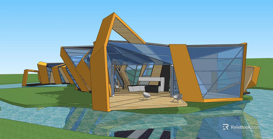 Modern Pavilion Design With Geometric Structure Glass Facade And Waterfront Green Area 3d model 