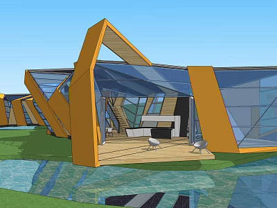 Modern Pavilion Design With Geometric Structure Glass Facade And Waterfront Green Area 3d model