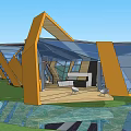 Modern Pavilion Design With Geometric Structure Glass Facade And Waterfront Green Area