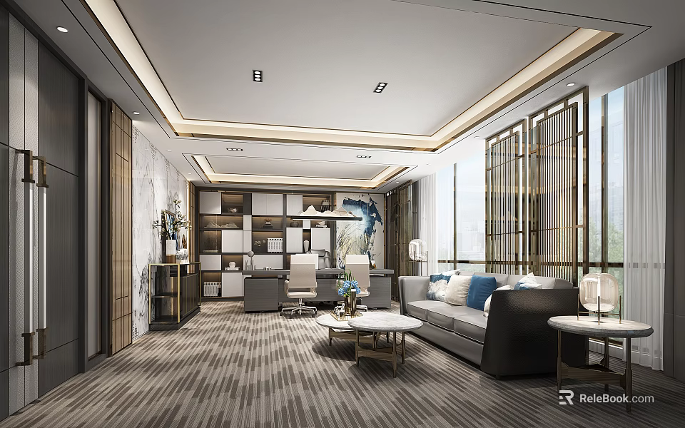 Spacious Modern Office Interior With Sofa Desk Bookshelf Coffee Table And Large Windows 3d model