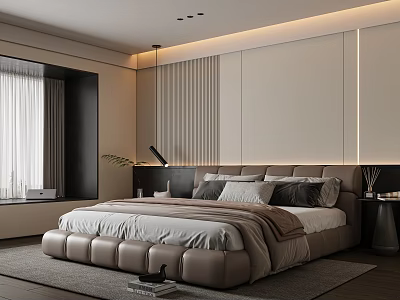Modern Bedroom Interior With Upholstered Bed LED Strip Lights And Curtains 3d model