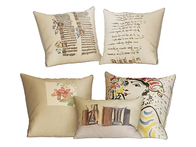 Decorative Throw Pillows With Vintage Text Floral Abstract And Architectural Patterns 3d model