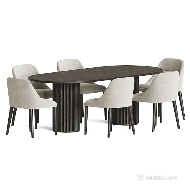 Modern Minimalist Oval Dining Table Set With Light Upholstered Chairs And Fluted Legs 3d model