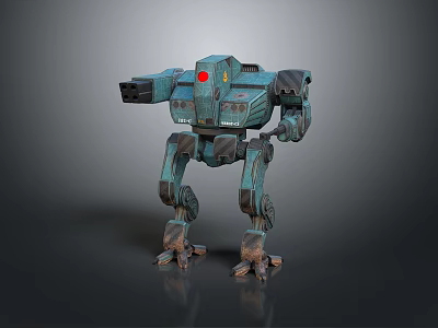 Detailed Weathered Teal Robot Mech Featuring Red Sensor Mechanical Limbs Standing On Gray Background 3d model