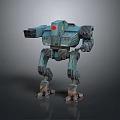 Detailed Weathered Teal Robot Mech Featuring Red Sensor Mechanical Limbs Standing On Gray Background