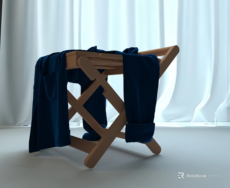 Wooden Folding Chair With Dark Blue Clothes And White Curtains Background 3d model 