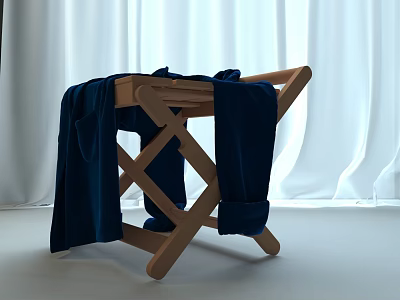 Wooden Folding Chair With Dark Blue Clothes And White Curtains Background 3d model