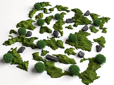 Garden Landscape Design with Green Grass Small Shrubs and Black Stones 3d model