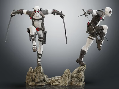 Game Movie Character White Red Costume Holding Swords Spear Dynamic Pose Rock Base Statue 3d model