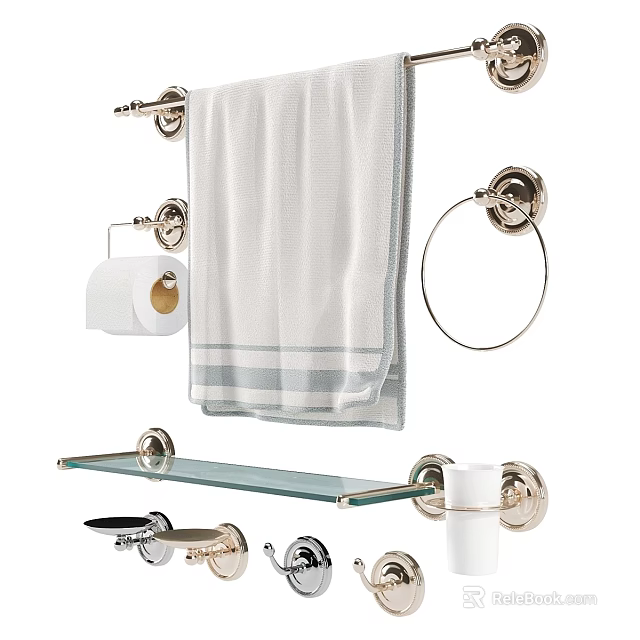 Stylish Bathroom Accessories With Towel Rack Glass Shelf Toilet Paper Holder And Hooks 3d model 