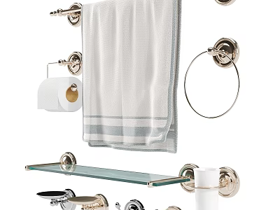 Stylish Bathroom Accessories With Towel Rack Glass Shelf Toilet Paper Holder And Hooks 3d model