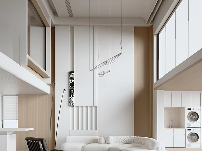 Modern Duplex Living Room Interior With White Sofa Wooden Accents And Pendant Lights 3d model