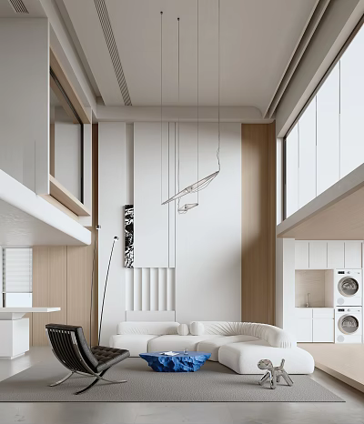 Modern Duplex Living Room Interior With White Sofa Wooden Accents And Pendant Lights 3d model