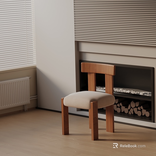 Wooden Frame Dining Chair With Beige Cushion In Interior With Fireplace Firewood And Blinds 3d model 