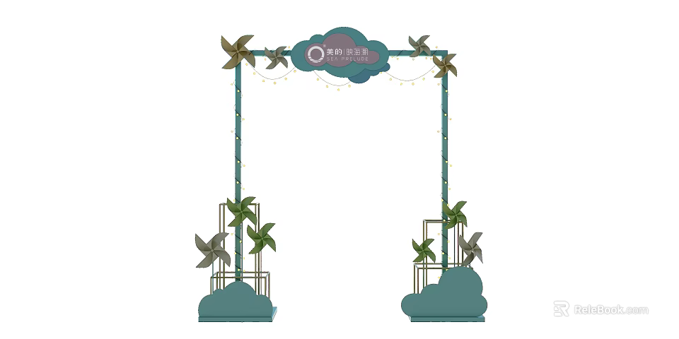 Decorative Teal Arches Featuring Windmills Cloud Decorations and String Lights 3d model 