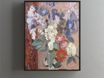 Vibrant Botanical Painting with White Purple Red Flowers Green Leaves and Vase 3d model