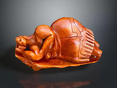 Wooden Sculpture Carving Of Curled Brown Figure With Detailed Texture Displayed On Dark Surface 3d model