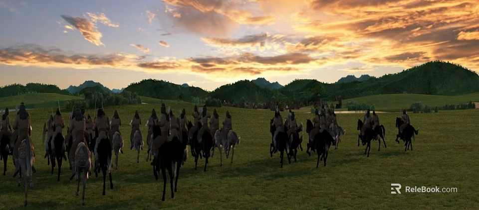 Game Movie Characters Mounted On Horses Marching Across Green Grassland With Mountains And Sunset Sky 3d model 