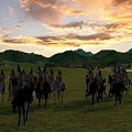 Game Movie Characters Mounted On Horses Marching Across Green Grassland With Mountains And Sunset Sky