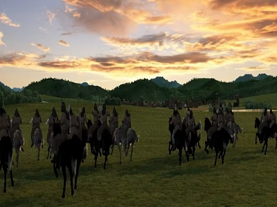 Game Movie Characters Mounted On Horses Marching Across Green Grassland With Mountains And Sunset Sky 3d model