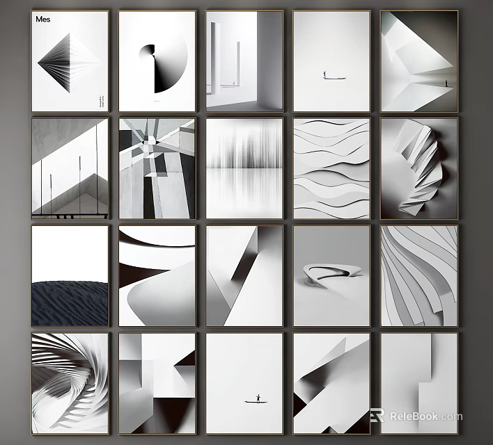 Black And White Geometric Abstract Landscape Paintings In Grid Wall 3d model 