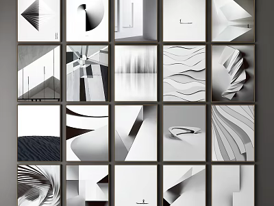 Black And White Geometric Abstract Landscape Paintings In Grid Wall 3d model