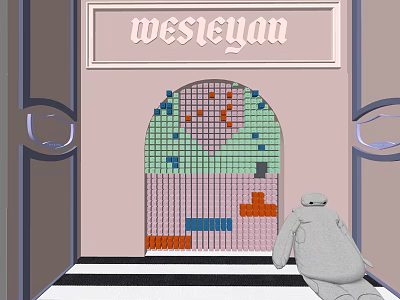 Wesleyan Sign Background Wall with Colorful Mosaic Arch and Gray Sculpture on Striped Floor 3d model