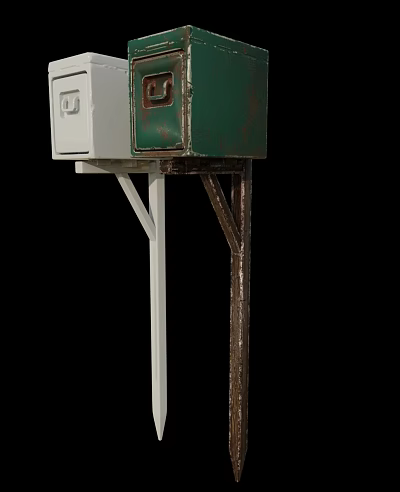 Old Public Facility Structure With Green And White Metal Box On Stand 3d model