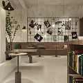 Modern Industrial Café Interior With Wooden Counter Green Plants And Pendant Lights