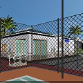 Park Landscape Featuring Building Black Chain Link Fence Palm Trees Red Ground And Glass Doors
