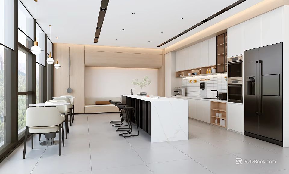 Modern Pantry Interior Design With Open Layout White Countertop Cabinets And Chairs 3d model 