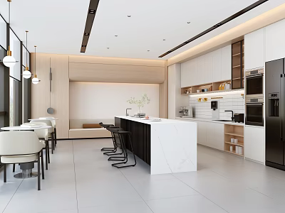 Modern Pantry Interior Design With Open Layout White Countertop Cabinets And Chairs 3d model