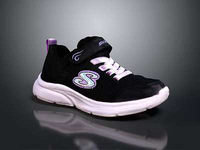 Kids Sports Shoes with Black Mesh Upper White Laces Purple Accents and S Logo 3d model