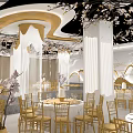 Modern Luxury Banquet Hall With Golden Branch Decorations White Columns And Stage