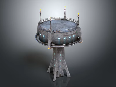 Stone Water Tower Building With Round Top Platform Spires And Illuminated Windows 3d model