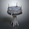 Stone Water Tower Building With Round Top Platform Spires And Illuminated Windows 3d model