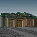 Traditional Style Entrance Gate With Green Roof Golden Decorations And Carved Door Panels
