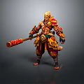 Muscular Mythical Game Film Character Wearing Golden Red Armor And Holding Staff With Tail