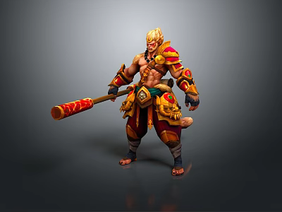 Muscular Mythical Game Film Character Wearing Golden Red Armor And Holding Staff With Tail 3d model