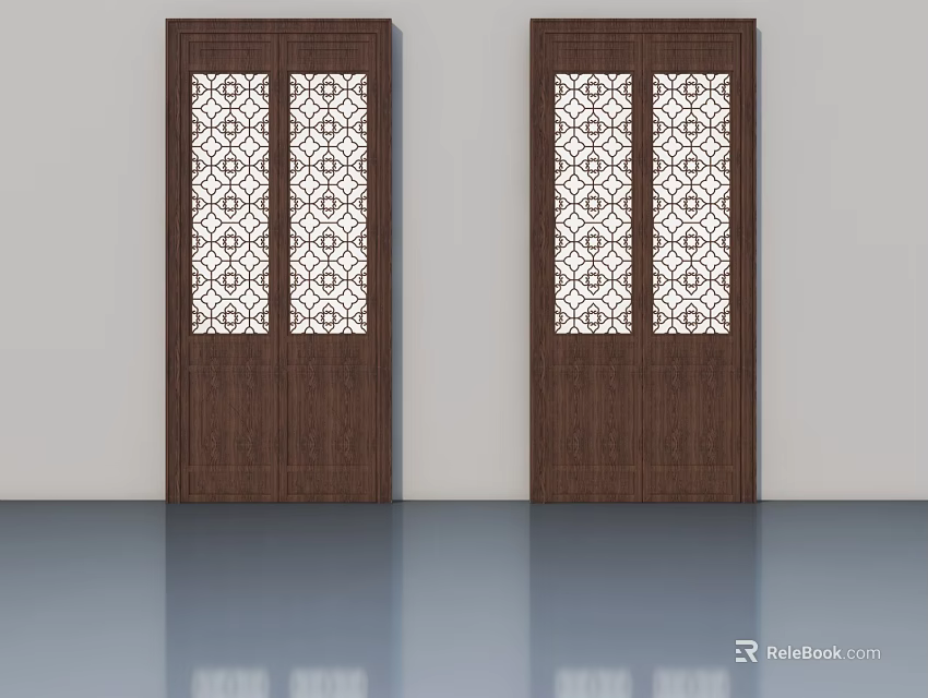 Dark Brown Wooden Swing Doors With White Geometric Pattern Design 3d model