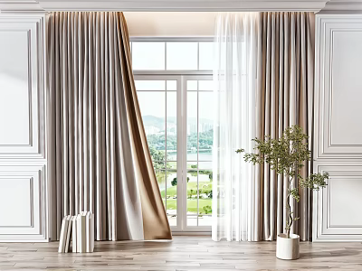 Elegant Beige Curtains With Sheer Panels Framing Large Window View 3d model