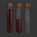 Three Medical Device Test Tubes Containing Red Liquid And Cork Stoppers