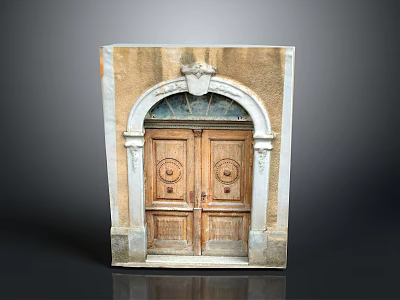 Vintage Architecture Featuring Arched Stone Frame And Carved Wooden Door 3d model