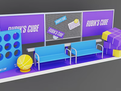 Vibrant Art Installation With Rubiks Cube Duckys Guide Blue Bench Basketball And Purple Backdrop 3d model