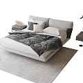 Modern Upholstered Double Bed with Gray Linen Bedding Side Tables Floor Lamp and Area Rug