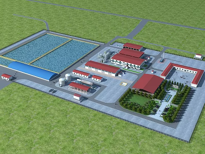 Modern Industrial Factory With Large Water Reservoirs Red Roof Buildings Green Lawns And Road Network 3d model